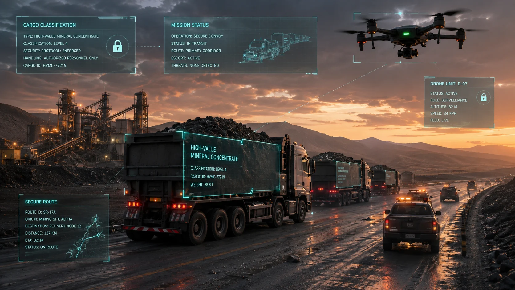 Illustrated mineral cargo convoy with aerial support