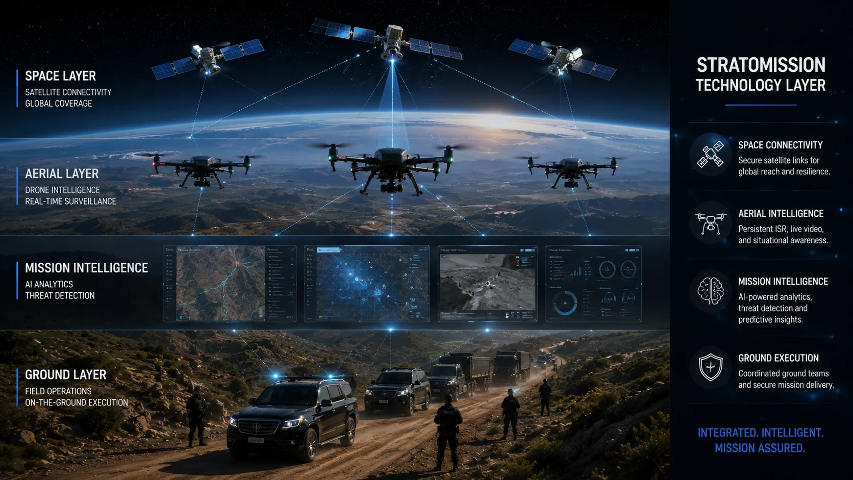 Concept illustration connecting satellite, aerial and ground mission systems