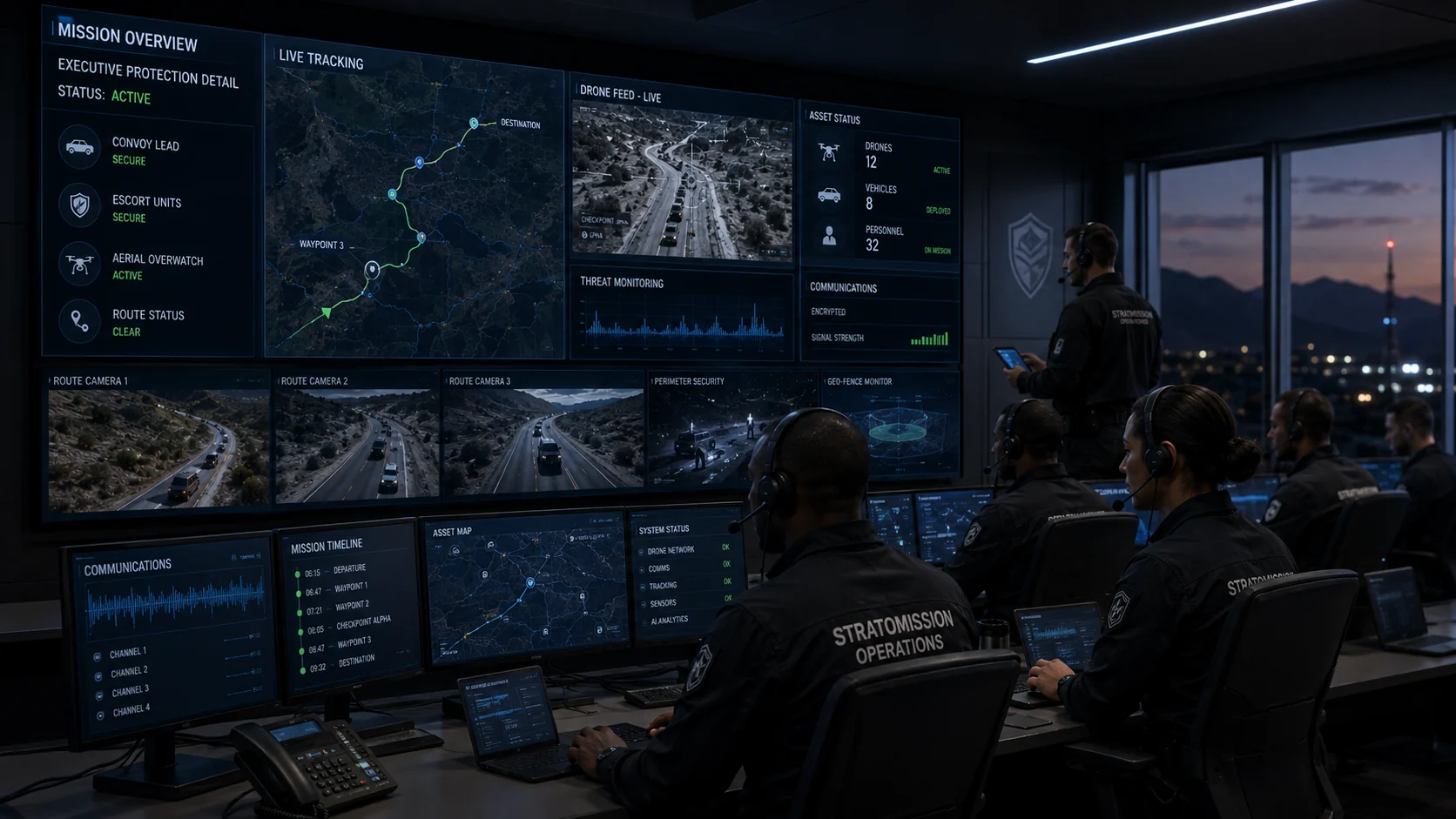 Illustrated mission control centre with route displays and coordinated operators